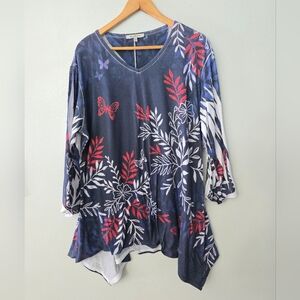 Jess & Jane 1X Tunic Top Flower Floral Butterfly Art to Wear Flowy Rhinestone
